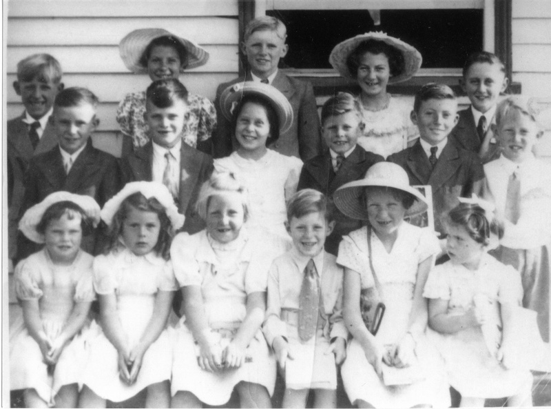 Back Row L-R: David Lamont, Mavis Gibbs, Robert Lamont, Lorraine Brown, Ray Roberts
Middle Row: Norman Gibbs, Trevor Gibbs, Lynette Luscombe, Ron Ramage, Noel Ramage, Graham Bertram
Front Row: Shirley Wall, Barbara Bradshaw, Judith Bertram, Ross Down, Pat Lamont, Laurel Gibbs
EARLSTON methodist Sunday School 1954005.jpg